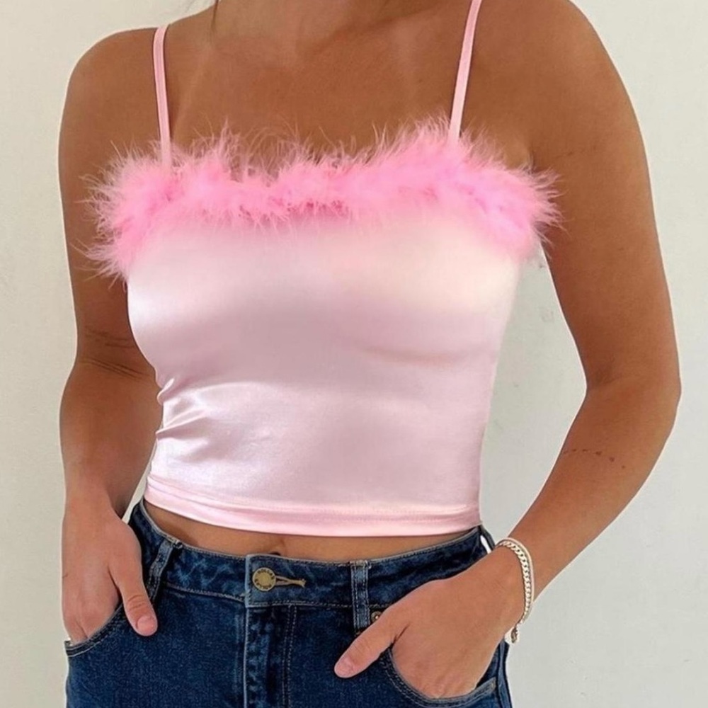 Pink Satin Tank Top with Fur Trim - XL - Dolls Kill, Stretchy, Adjustable Straps